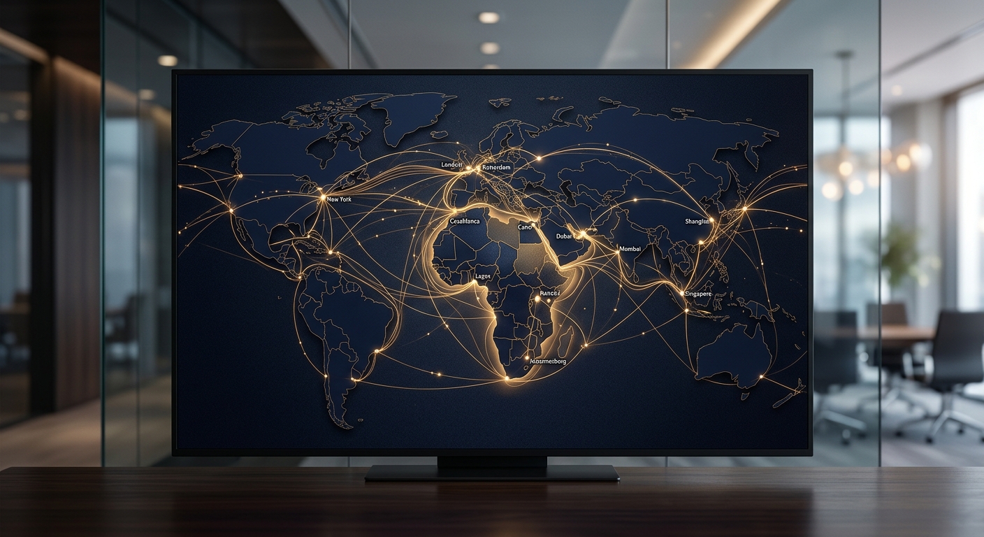 Abstract illustration of a global trade network — a stylised world map with connecting trade routes between Africa and international hubs, corporate navy and gold color scheme, no people