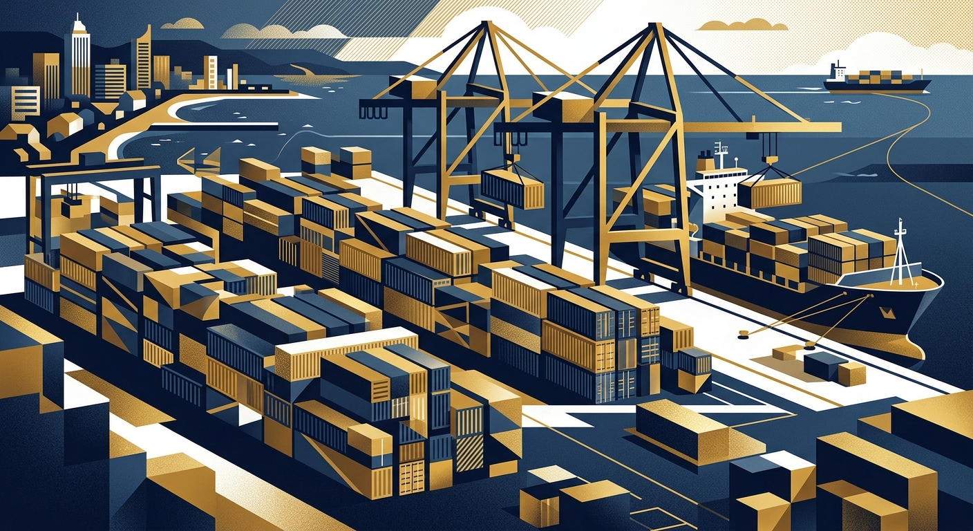 Abstract graphic representing shipping containers and cargo logistics at a Kenyan port, stylised geometric illustration, navy and gold palette, no people